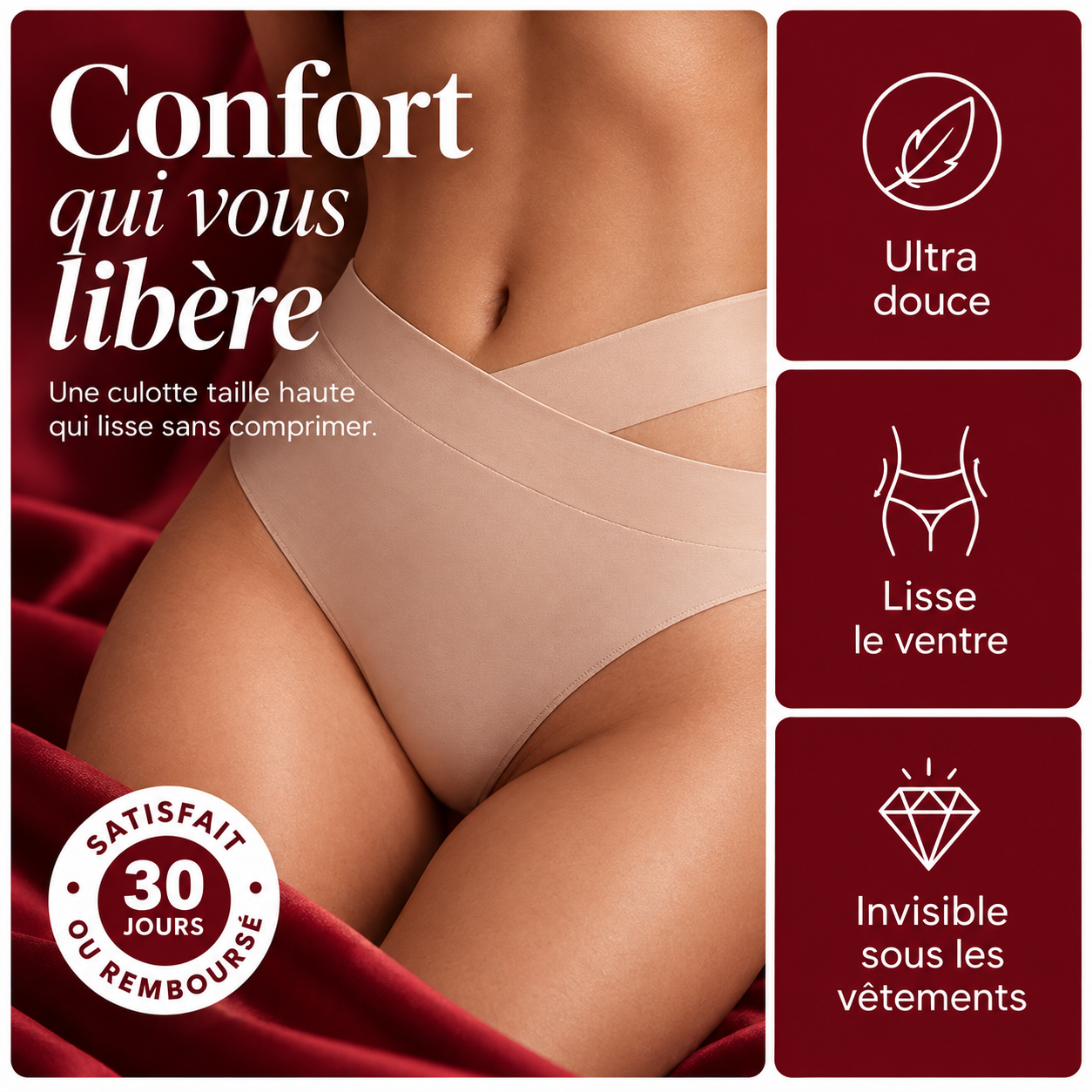 Culotte gainante taille haute Lisance, vue de face, maintien du ventre